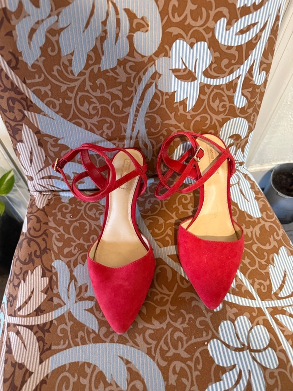 ANTONIO MELANI Red Suede Pointed-Toe Ankle-Strap Heels with Wrap Straps